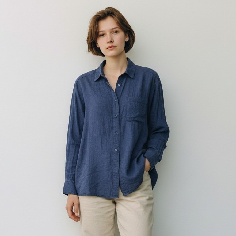 Old Navy The Boyfriend Shirt Navy Blue Linen Blend Button Down Size L